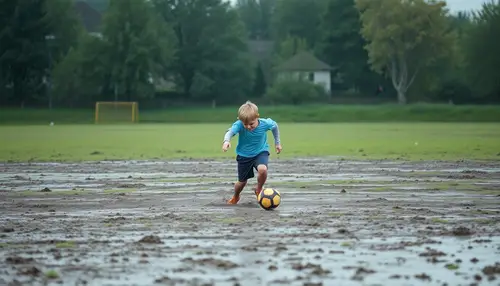 Boy Plays Soccer in Rainy Muddy Field