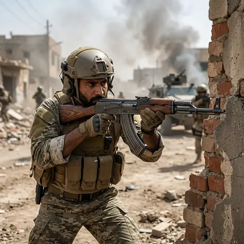 Imaginary Counter-Terrorism Unit Operation with AK-47 in Conflict Zone