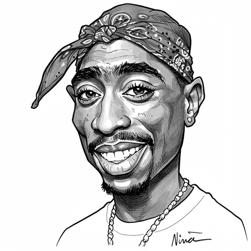 Exaggerated Caricature of 2 Pac by Al Hirschfeld