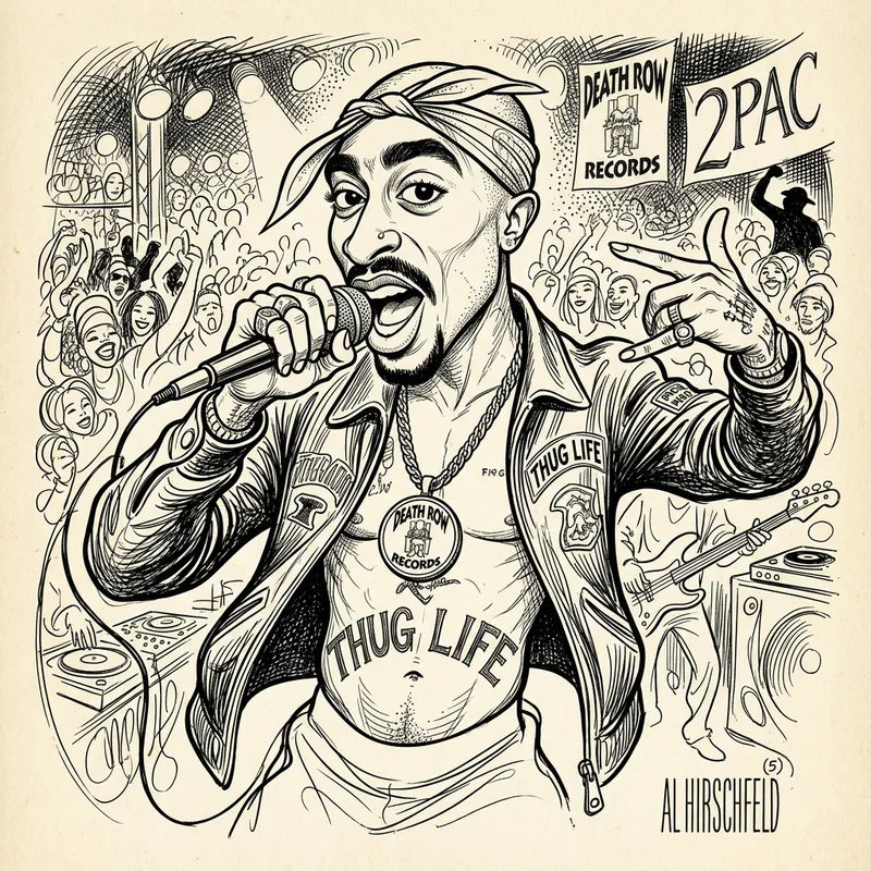 Exaggerated Caricature of 2 Pac by Al Hirschfeld