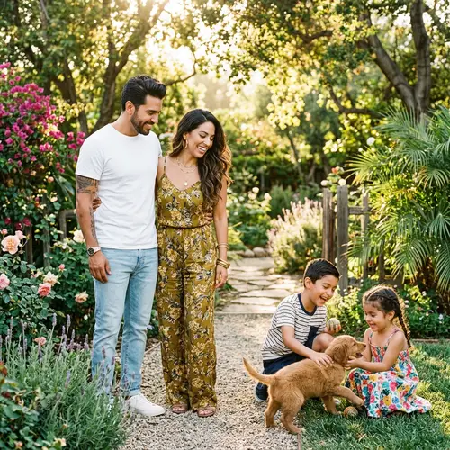 Familial Love in the Garden: Latino-inspired Family with Children and Puppy