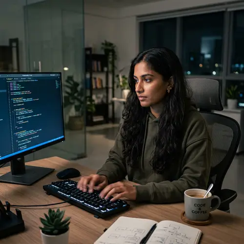 Swarthy Female Programmer Writing Code | Coding Genius