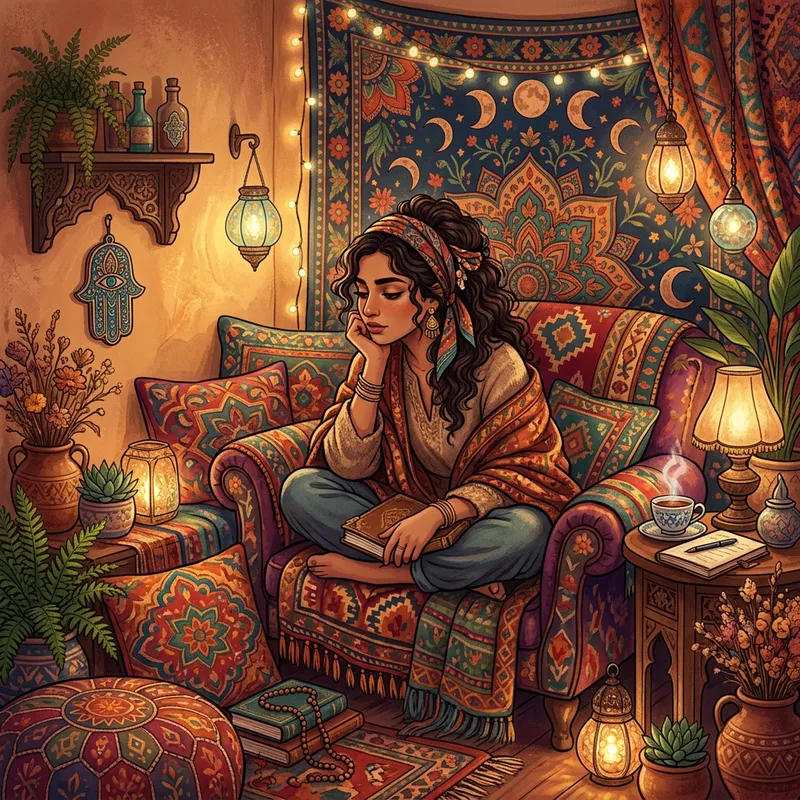 Dreamy Bohemian Woman in Cozy Corner - Vibrant Digital Art