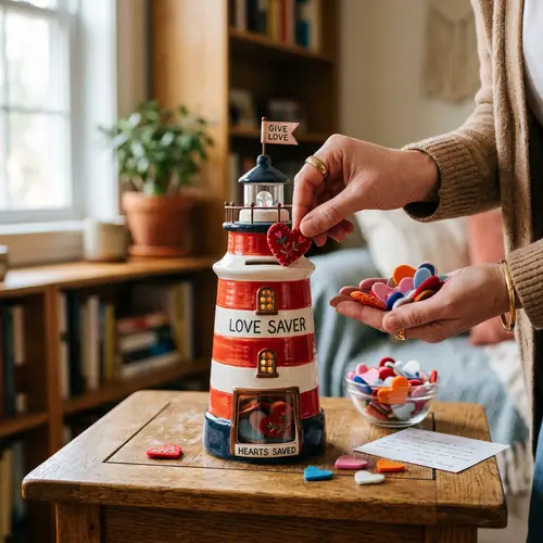Lighthouse Piggy Bank Filling with Hearts | Save Money and Love