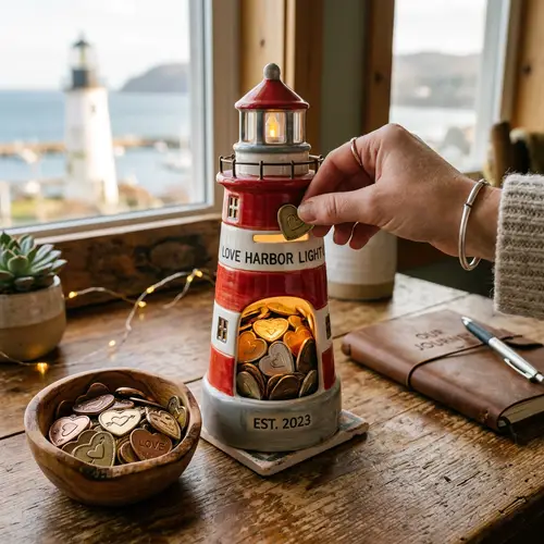 Lighthouse Piggy Bank: Saving Heart Coins - Your Financial Planner