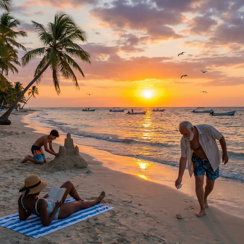 Tranquil Beach Scene at Sunset with Beachgoers of Various Ethnicities