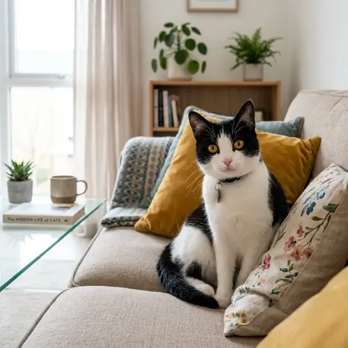 Black and White Domestic Cat in Cozy Modern Living Room