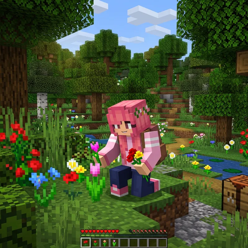 Pinky: Minecraft Girl Collecting Flowers