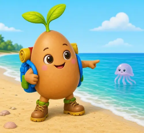 Character Points to Jellyfish on the Beach