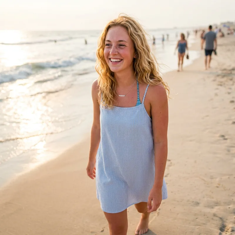 Smiling Blonde Woman Enjoying the Beach
