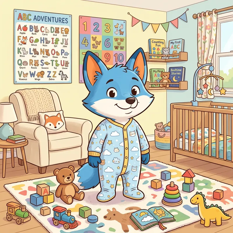 Cheerful Blue Fox Cartoon Character in Nursery