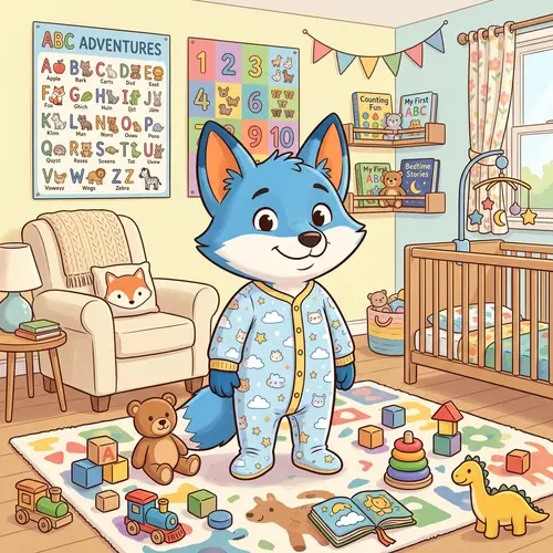 Cheerful Blue Fox Cartoon Character in Nursery
