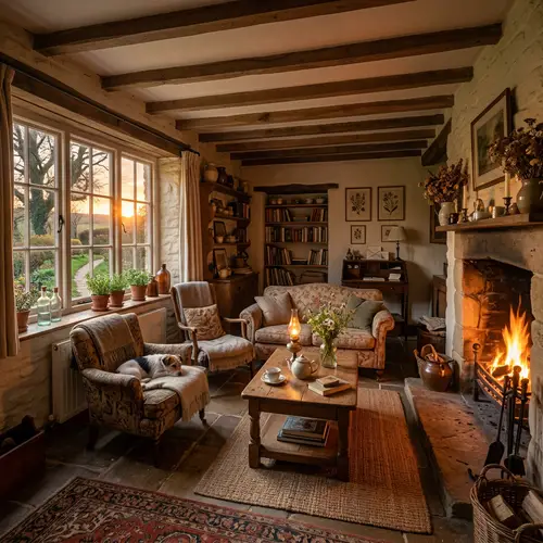 Charming Cottage Room at Twilight | Rustic Charm & Tranquil Atmosphere