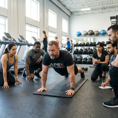 Lead Trainer Demonstrating Push-Up Form to Diverse Group | Gym Scene