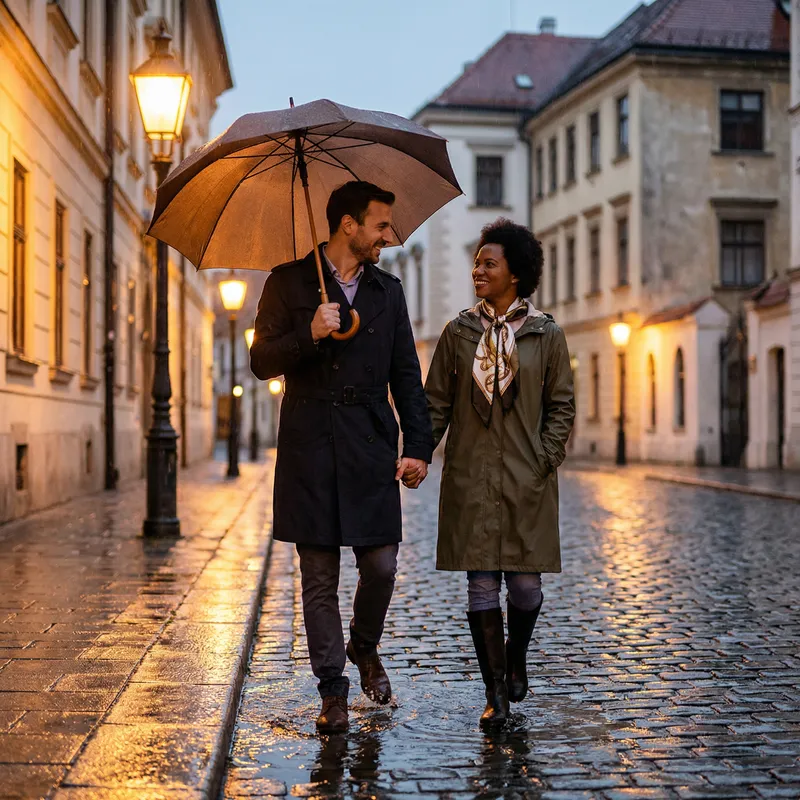 Romantic Rain Walk: Couple Holding Hands in Love