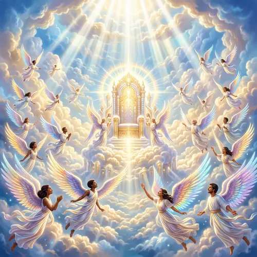 Majestic Divine Scene in Celestial Sphere | Ethereal Beings Soaring Around Heavens Chair