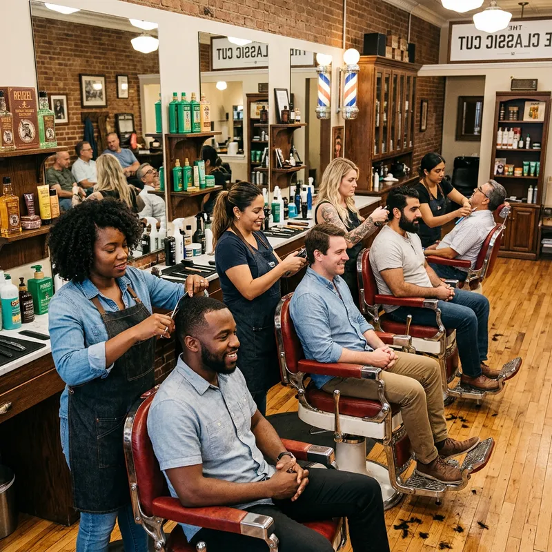 Men's Hair Salon with Female Barber Staff | Diverse Clients & Classic Interior