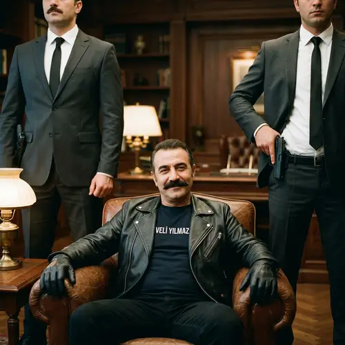 Black Leather-Clad Man with Bodyguards in Action