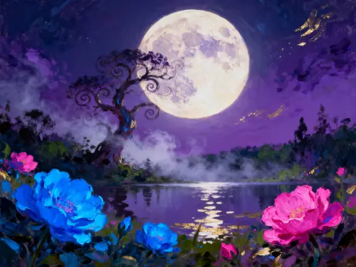 Surreal Lunar Landscape Art with Vibrant Flowers