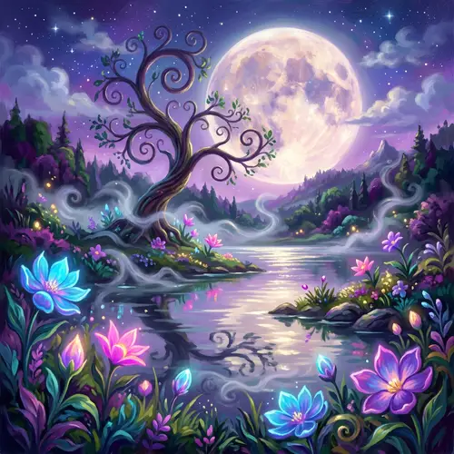 Surreal Lunar Landscape Art with Vibrant Flowers