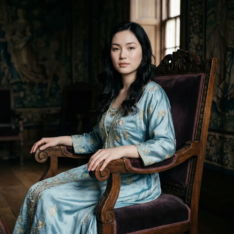 Elegant Korean Heritage Woman in Regal Blue Dress