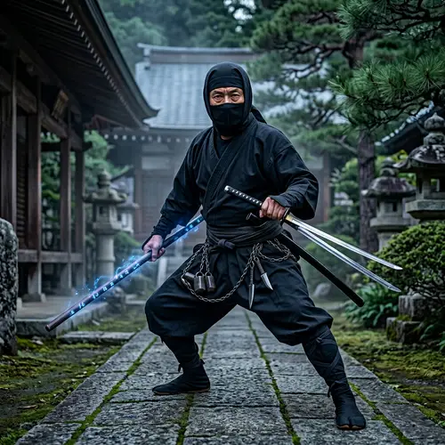 Japanese Ninja Master with Swords and Magical Staff