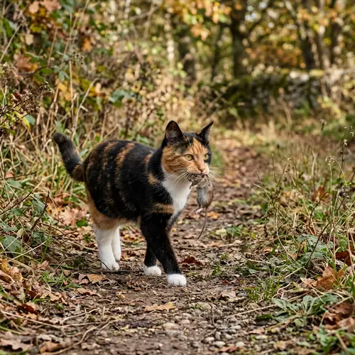 Tricolor Cat Walking with a Mouse
