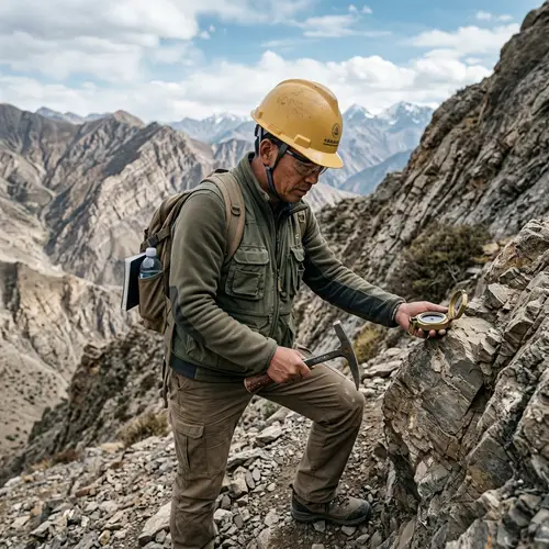 Chinese Geologist Working in Mountains with Compass and Geological Hammer