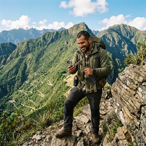 Hispanic Geologist Working in the Mountains with Compass and Hammer