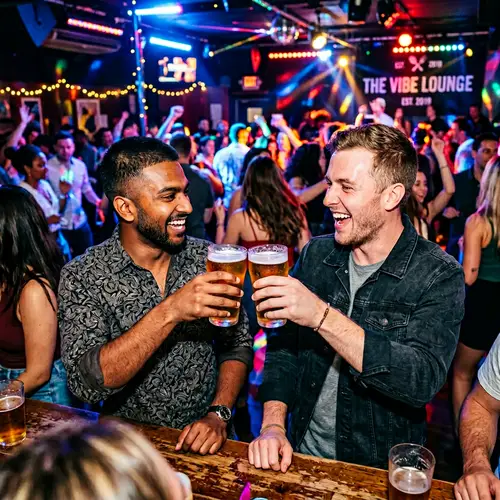 Diverse Men Cheers with Beer in Colorful Club Atmosphere