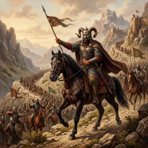 Monumental Figure Dhul-Qarnayn: Grand Warrior with Mask and Two Horns