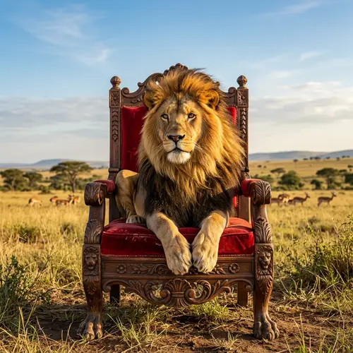 Majestic Lion Sitting on Elaborately Carved Chair