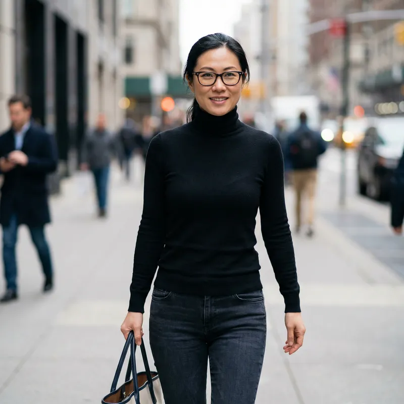 Stylish Asian Woman in Turtleneck and Jeans