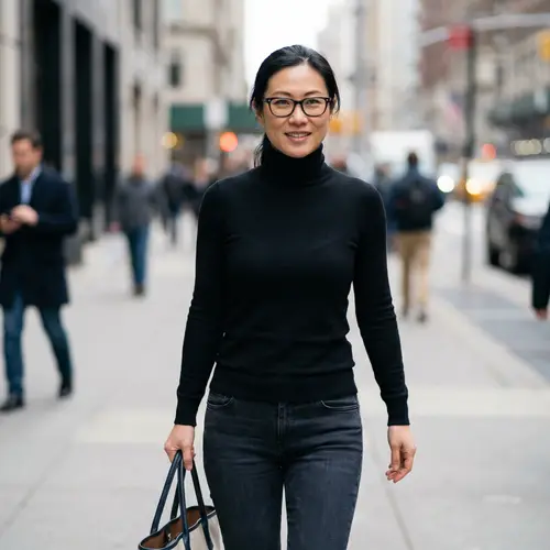 Stylish Asian Woman in Turtleneck and Jeans