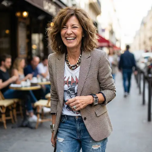 Fashionable Middle-Aged Woman with Spunky Personality | 50s, Brown Hair, Joyful Spirit