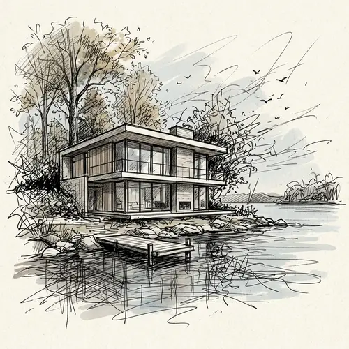Modern Lake Shore House Drawing with Glass Openings