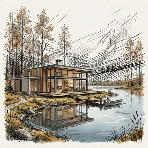 Modern Lake House Illustration | Clear Glass Openings | Trees Landscape