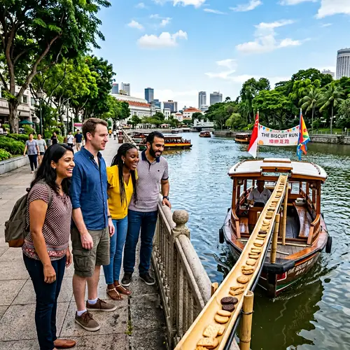 Diverse Adults Await Bumboat Delivery in Nagashi Somen Style