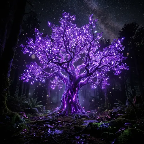 Purple Bioluminescent Tree Glowing in Darkness