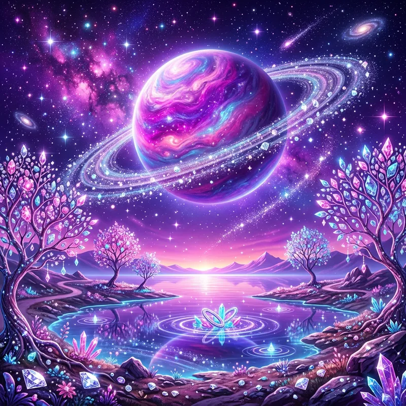 Vibrant Pink and Purple Planet with Diamonds