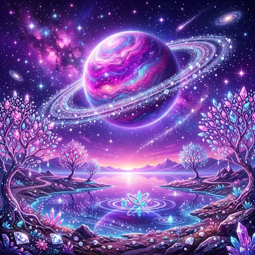 Vibrant Pink and Purple Planet with Diamonds