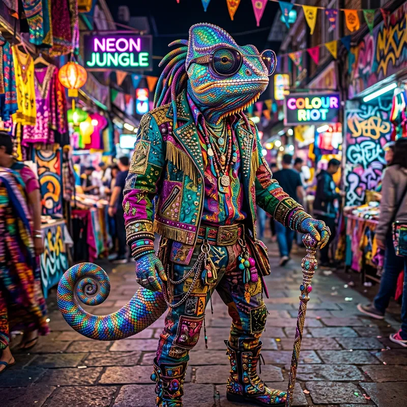 Colorful Chameleon-Human Hybrid with Stylish Shades and Accessories Colorful Chameleon-Human Hybrid with Stylish Shades and Accessories