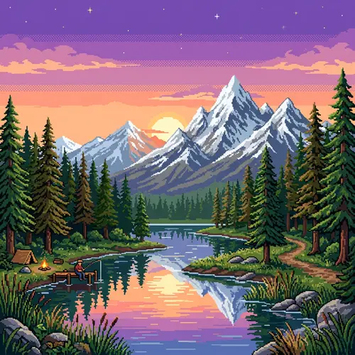 Serene Pixel Art Mountain Landscape with River