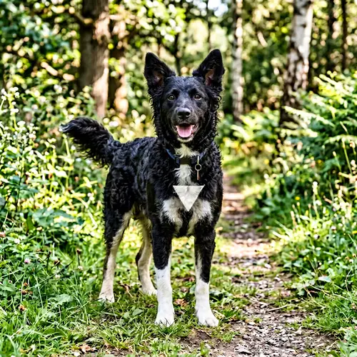 Black Dog with White Markings and Curly Fur