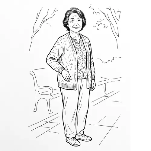 Black and White Drawing of a Smiling Asian Woman