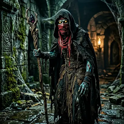 Undead Character with Glowing Yellow Eyes and Twisted Staff