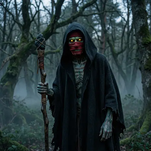 Undead Fantasy Figure with Glowing Yellow Eyes and Wooden Staff