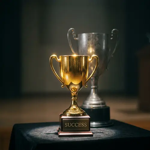 The Paradox of Success - Gold and Silver Trophies Illuminated