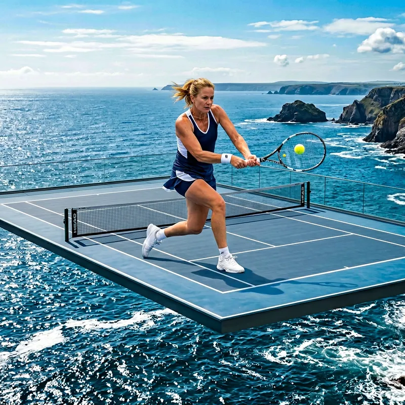 Middle Aged Blonde Woman Tennis Player | Powerful Backhand Shot Overlooking Ocean Middle Aged Blonde Woman Tennis Player | Powerful Backhand Shot Overlooking Ocean
