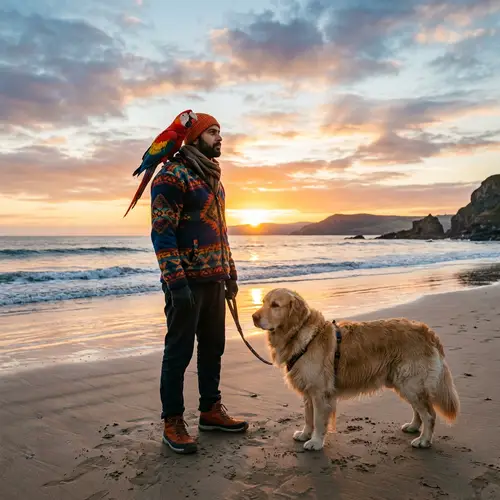 Winter Dawn Scenery by Seashore with South Asian Man and Pets